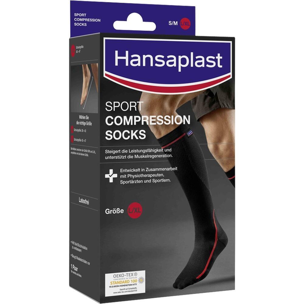 Verpackung für schwarze Sport-Kompressionssocken von Hansaplast in Größe L/XL.