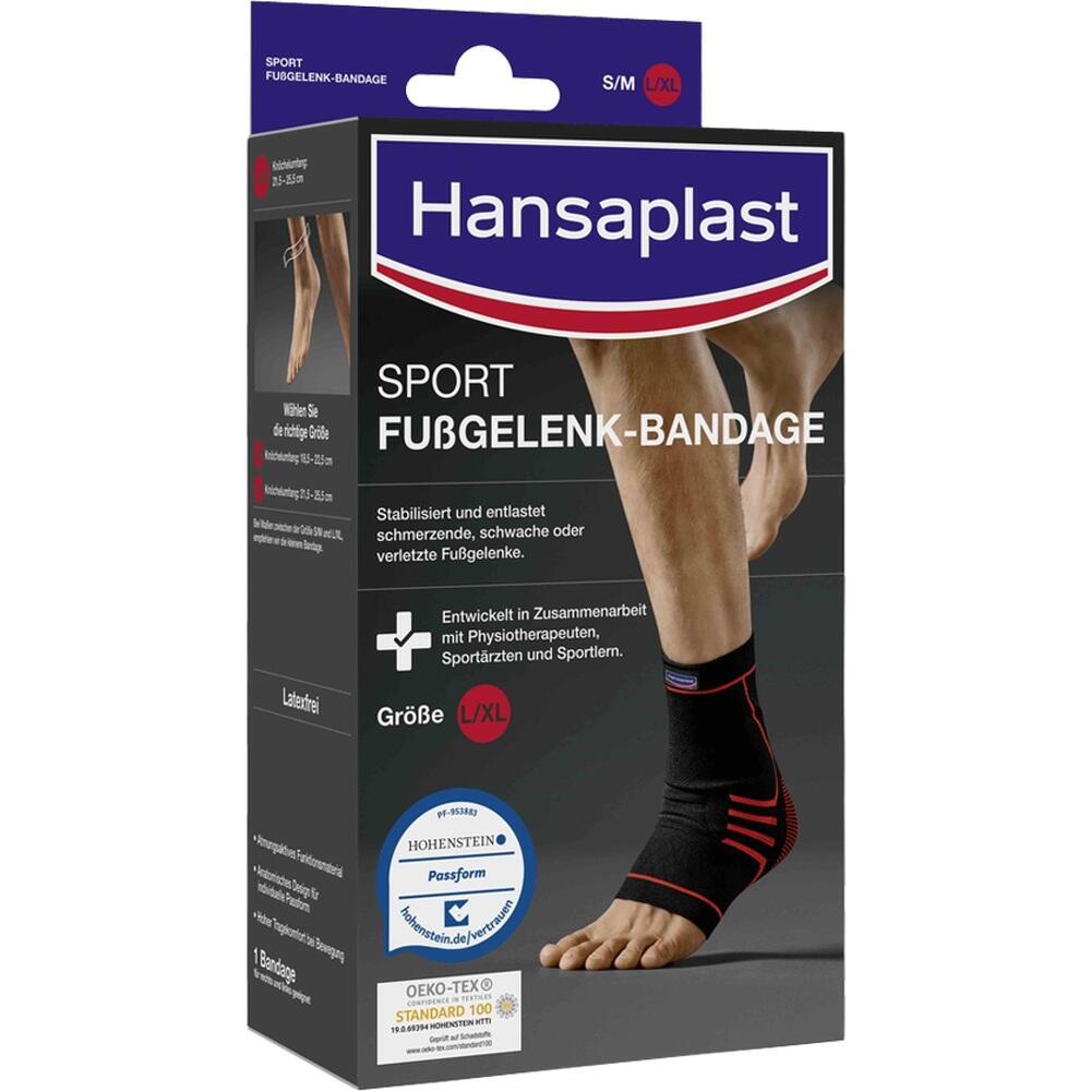 Verpackung einer Fußgelenk-Bandage von Hansaplast mit Bild einer angelegten Bandage.