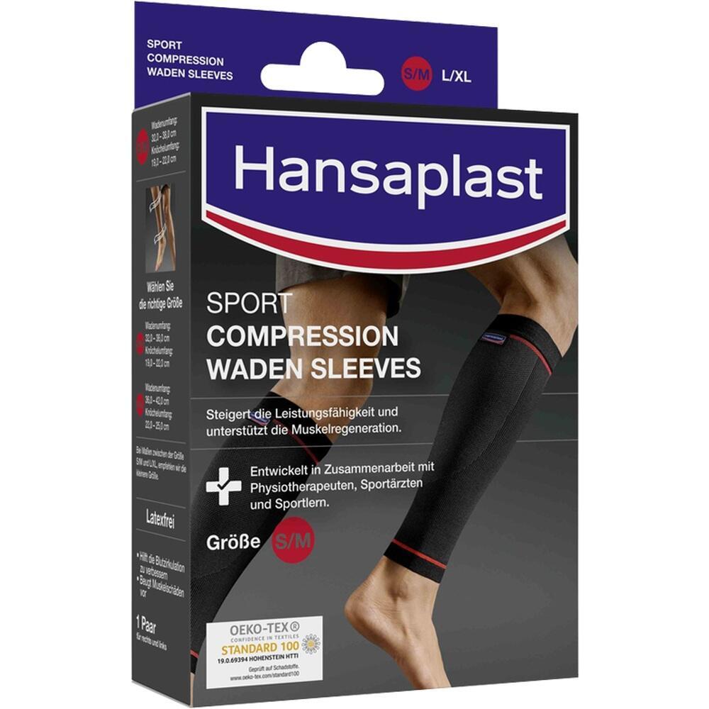 Verpackung von Hansaplast Kompressions-Wadenhüllen für Sport in Größe S/M.