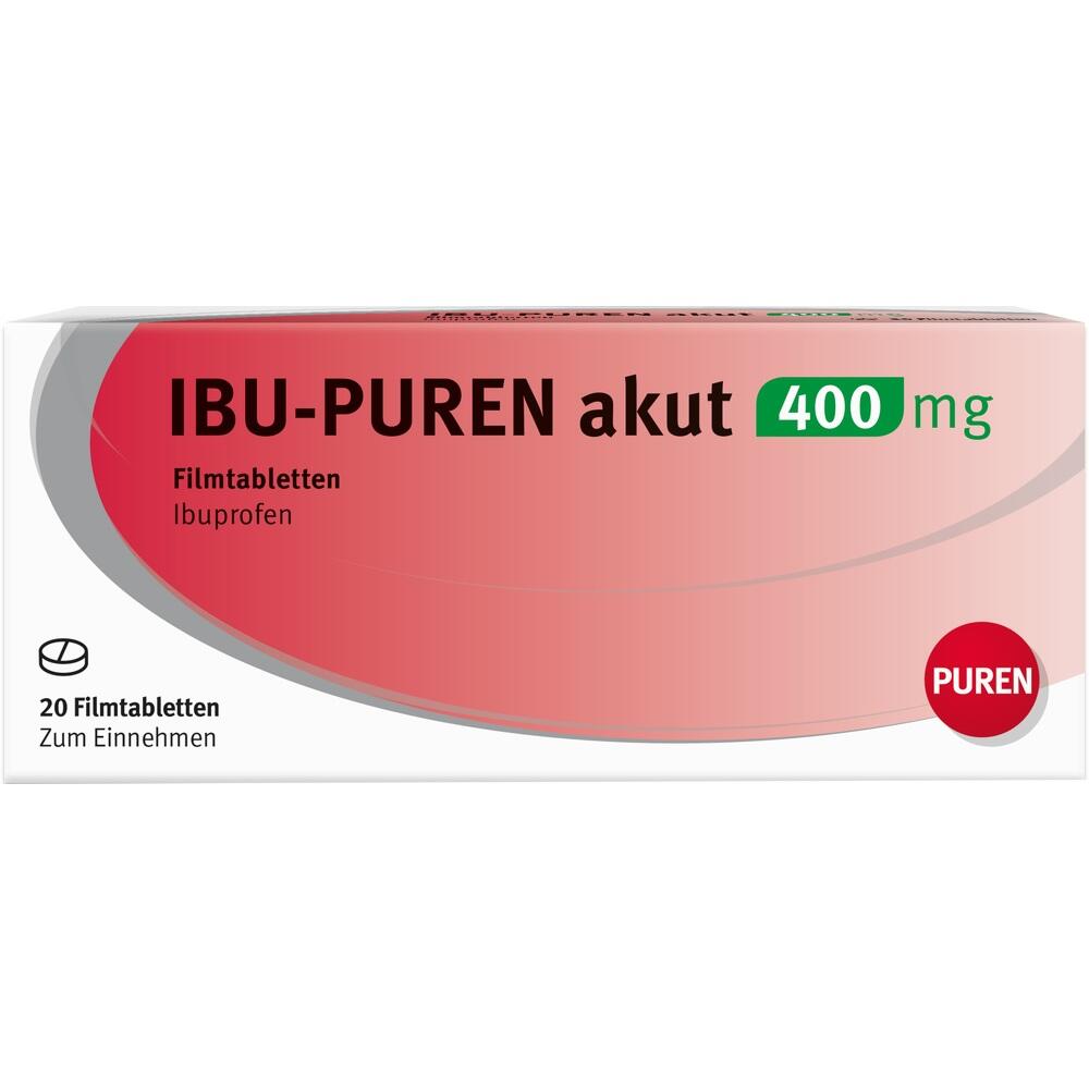 Eine Packung mit 20 IBU-PUREN akut 400 mg Filmtabletten.