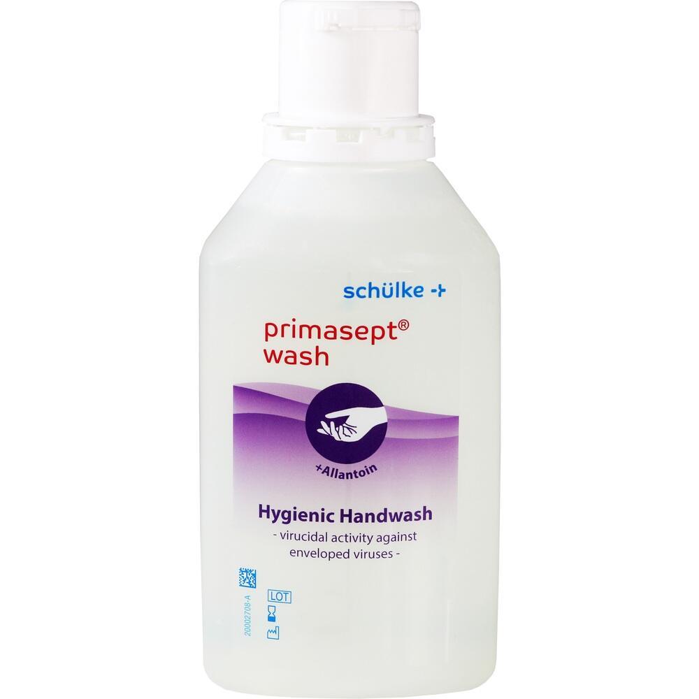 Weiße Flasche mit lila Etikett, darauf steht "primasetp wash", eine hygienische Handseife.