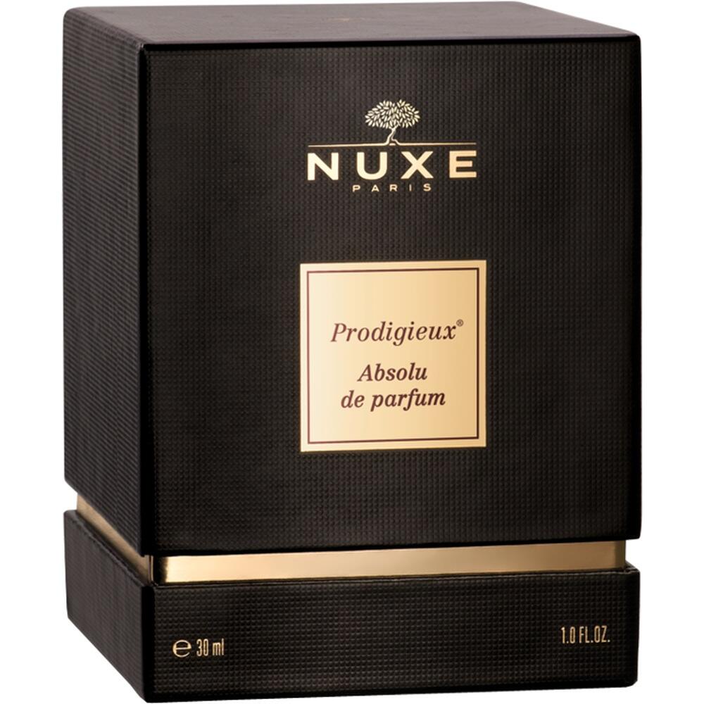 Schwarze Parfümverpackung mit goldener Aufschrift "Nuxe Prodigieux Absolu de parfum".