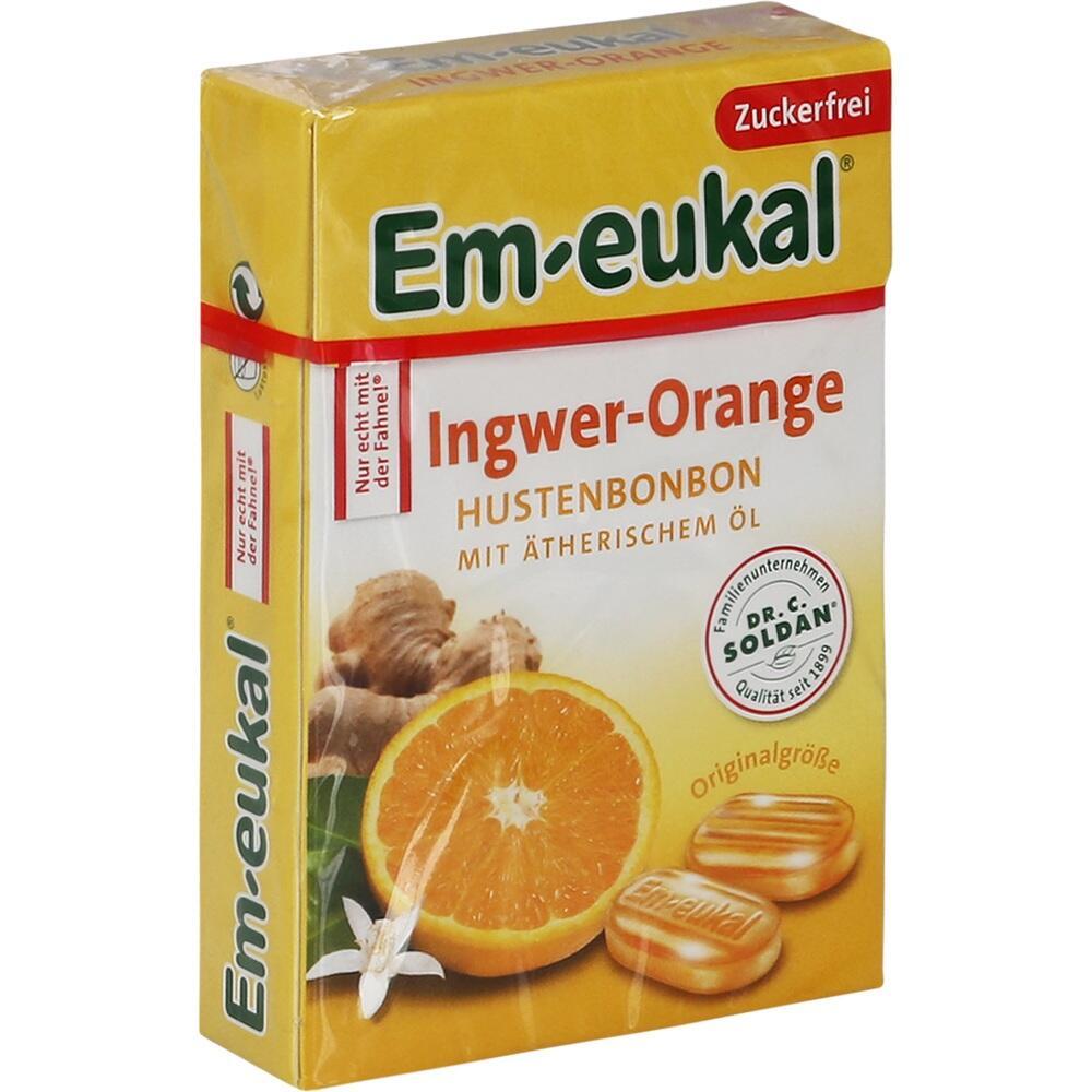 Gelbe Packung mit Ingwer-Orange-Hustenbonbons von Em-eukal, zuckerfrei.
