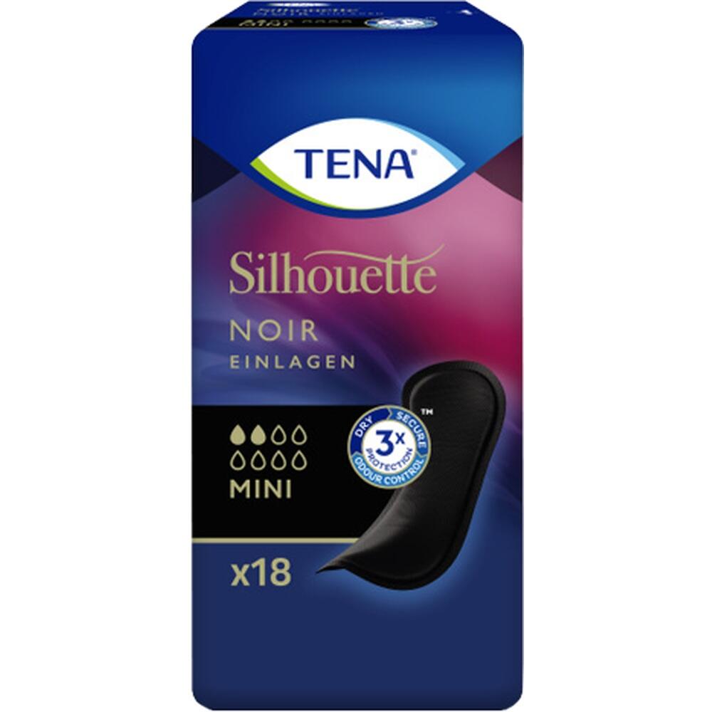 Eine Packung mit TENA Silhouette Noir Mini Einlagen, 18 Stück.