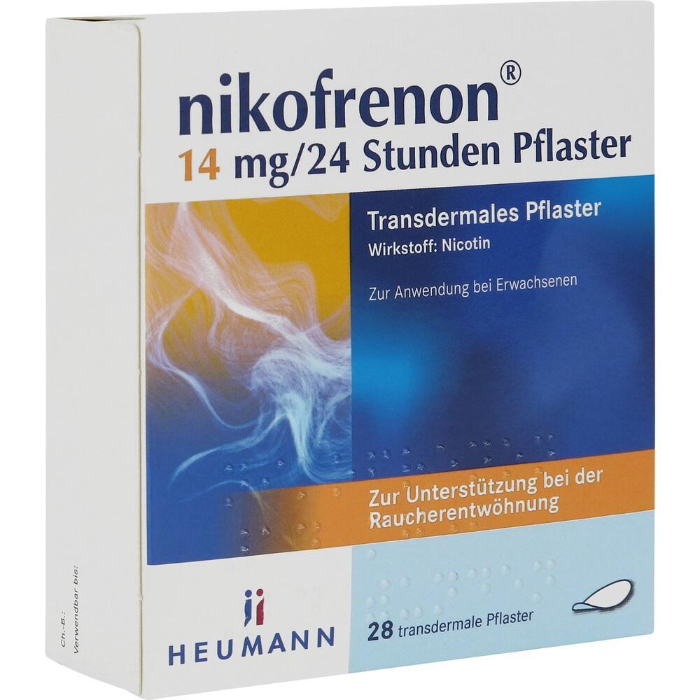 Verpackung von Nikotinpflastern zur Raucherentwöhnung mit 28 Pflastern.