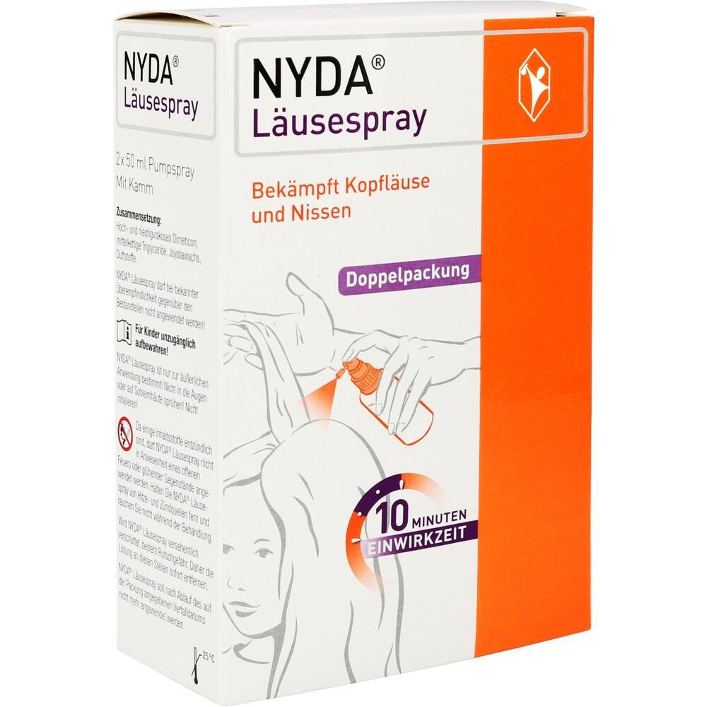 Wei&szlig;e und orangefarbene Packung eines L&auml;usesprays mit 10 Minuten Einwirkzeit.