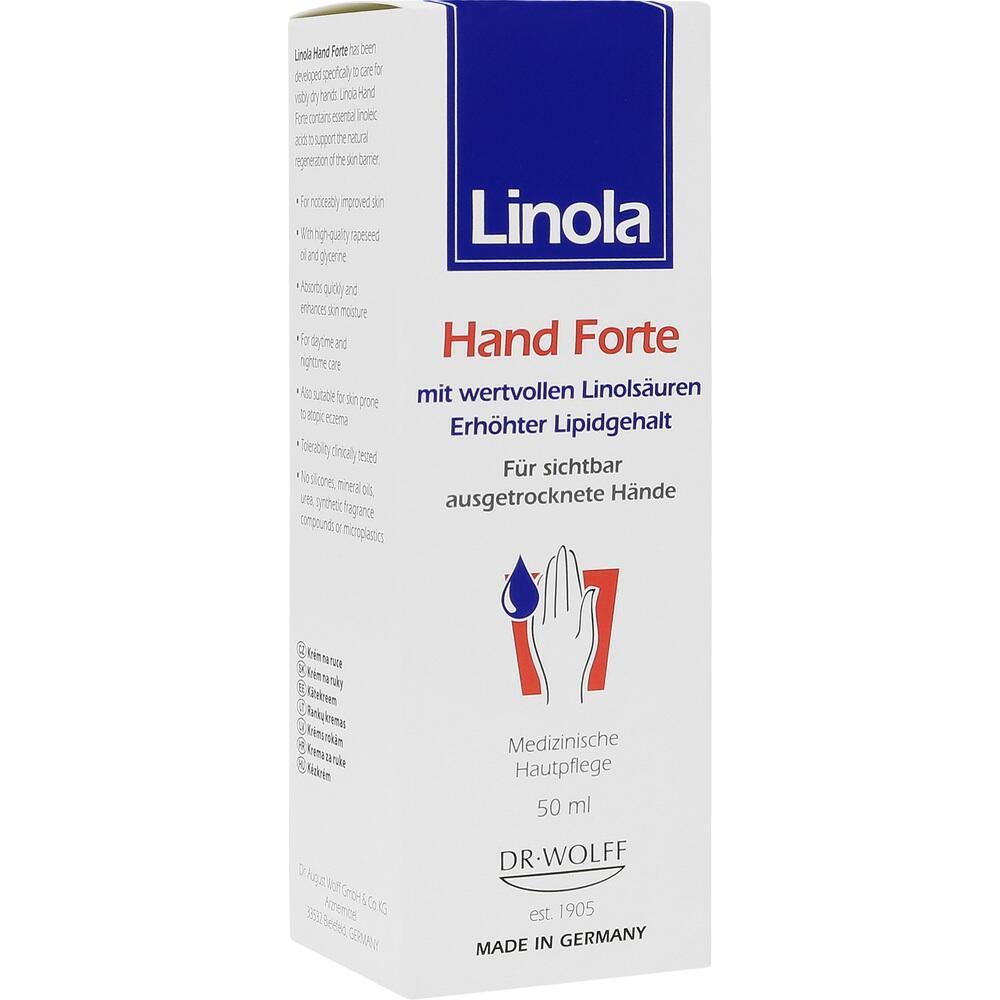 Weißer Karton mit der Aufschrift "Linola Hand Forte" und Bild einer Hand mit Tropfen.