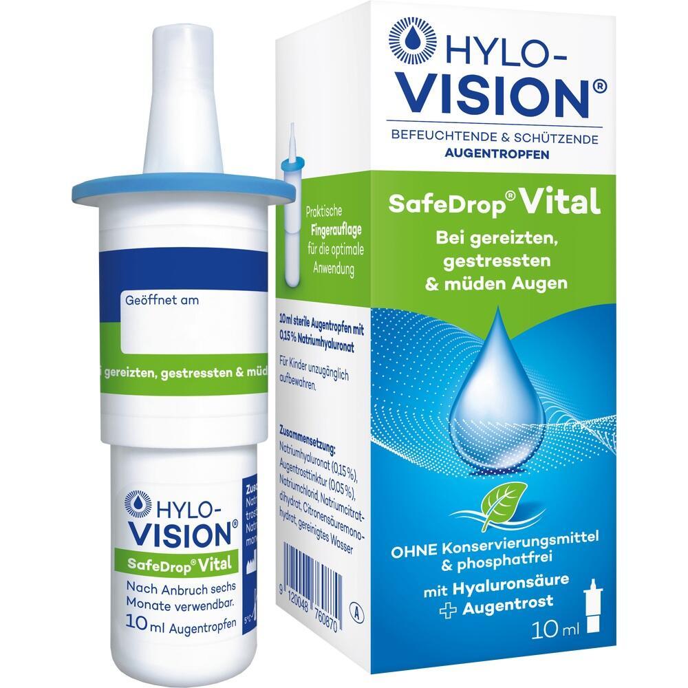 Verpackung und Flasche von Hylo-Vision Augentropfen für gereizte und müde Augen.