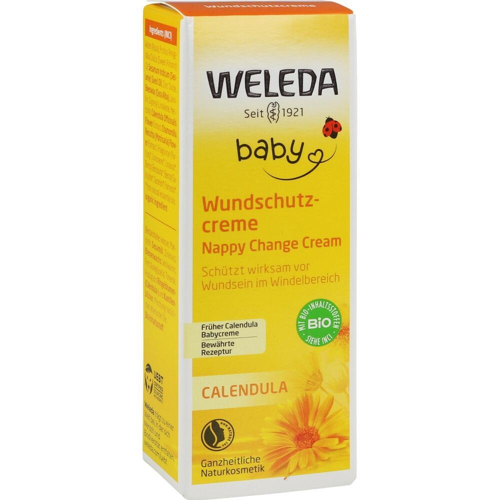 Gelbe Weleda-Verpackung f&uuml;r Calendula-Wundschutzcreme mit Blume und Marienk&auml;fer.
