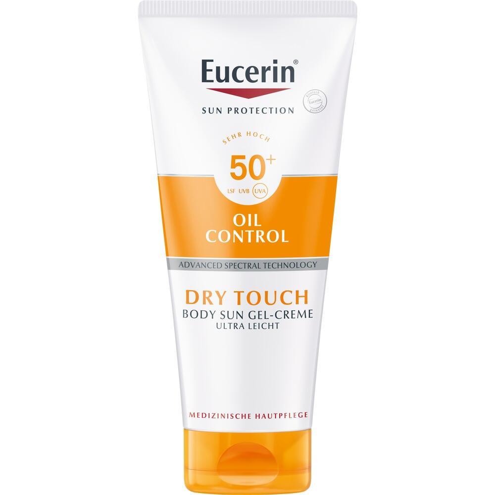 Eine weiße Tube Sonnencreme mit LSF 50+ und orangefarbenem Etikett.