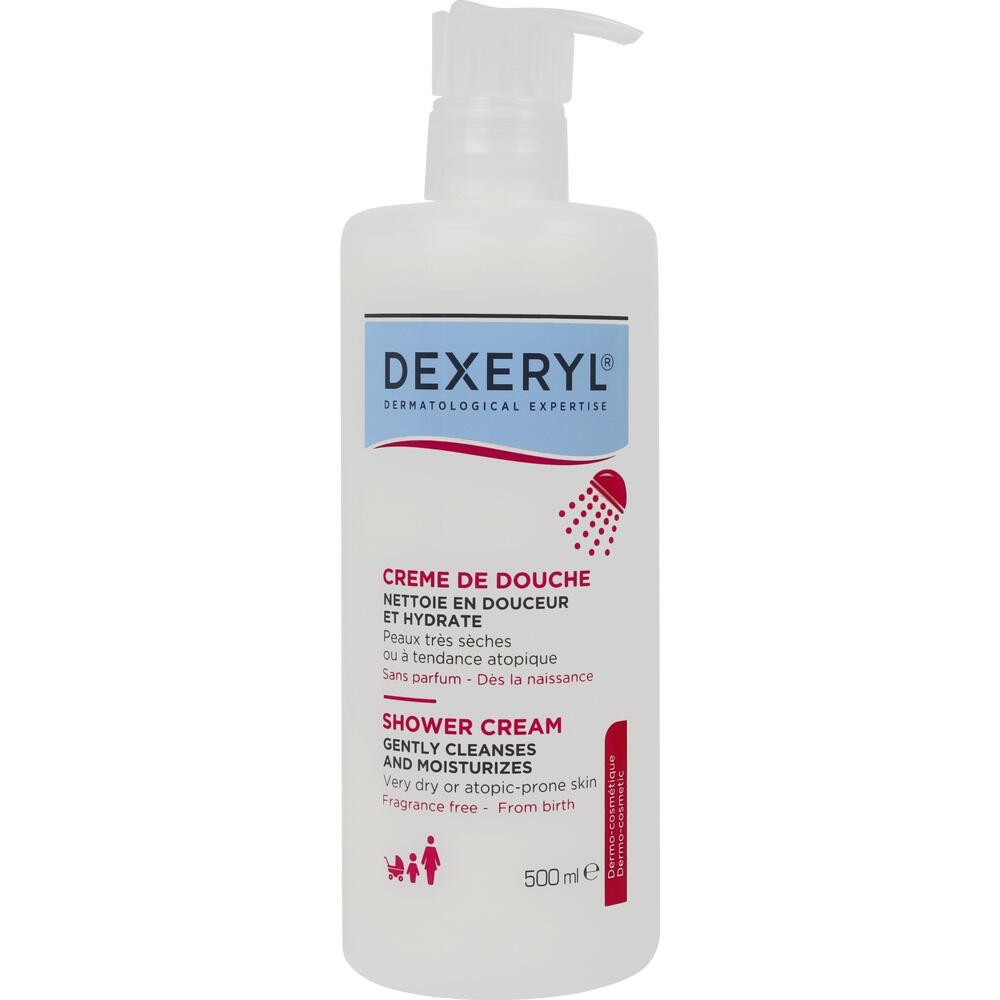 Eine weiße Pumpflasche mit Duschcreme für trockene Haut von Dexeryl.