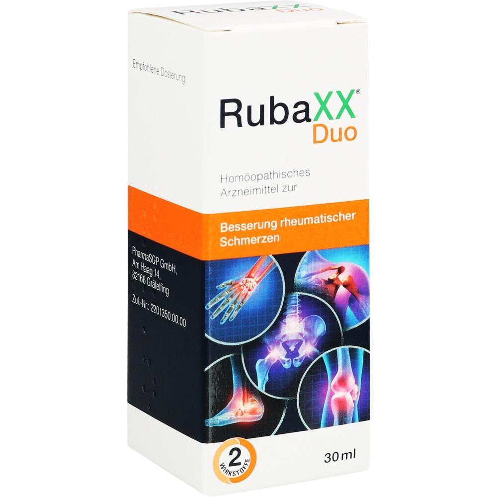 Verpackung von RubaXX Duo zur Linderung rheumatischer Schmerzen, 30 ml Flasche.