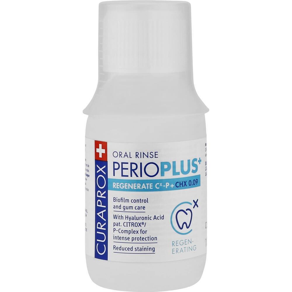 Plastikflasche mit Mundsp&uuml;lung von Curaprox, genannt PerioPlus+ Regenerate.