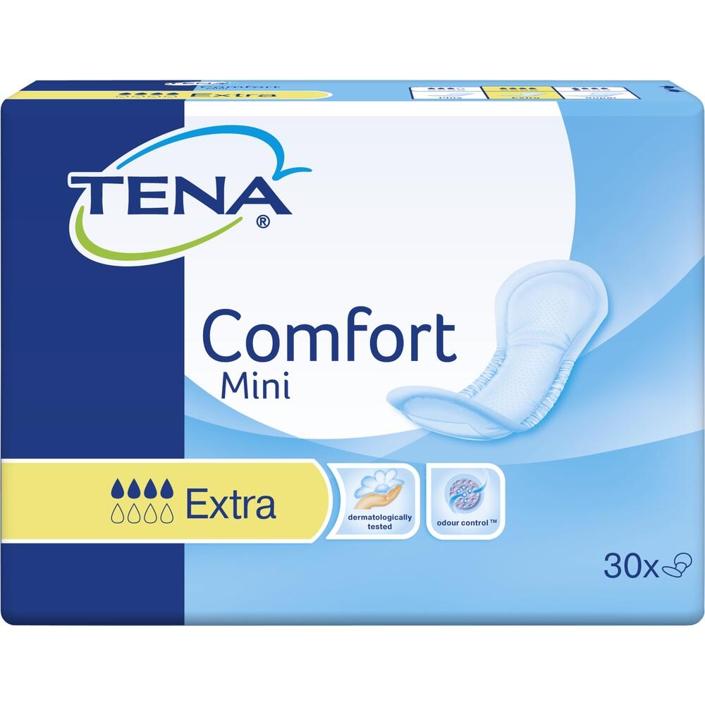 Packung von TENA Comfort Mini Inkontinenzeinlagen mit 30 Stück.