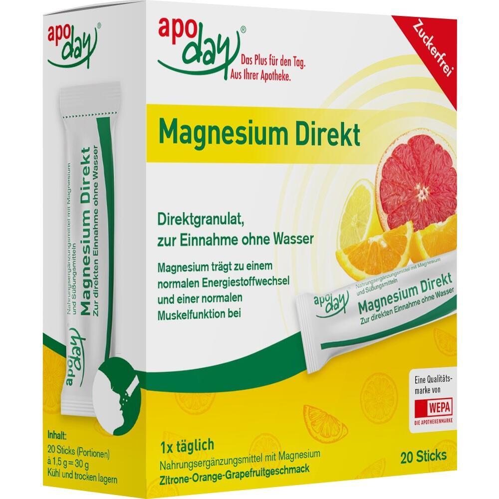 Packung von apoday Magnesium Direkt mit Zitrusfrüchten auf der Vorderseite.