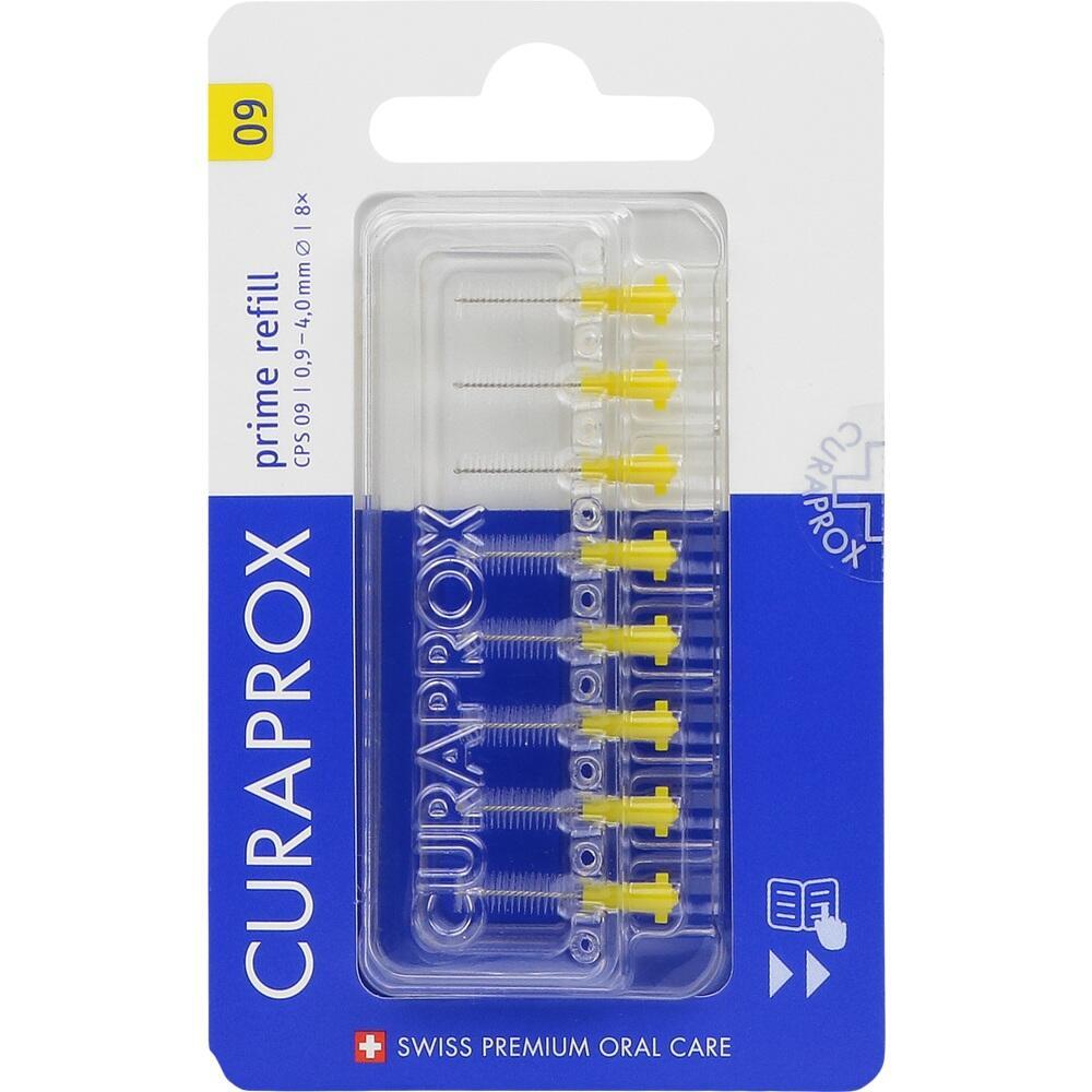 Eine Packung mit kleinen gelben Interdentalb&uuml;rsten von Curaprox f&uuml;r die Zahnreinigung.