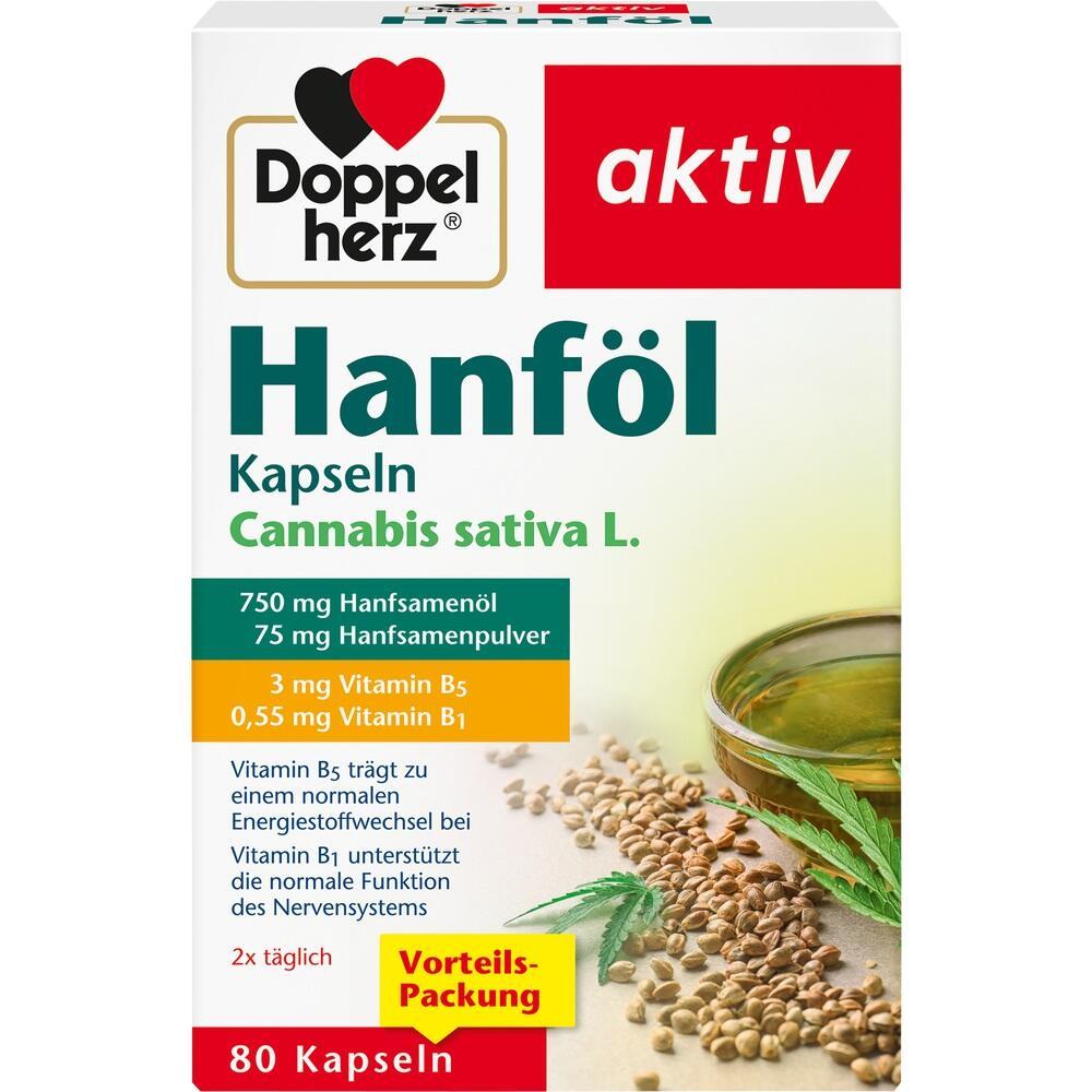 Verpackung von Hanföl-Kapseln mit Hanfsamen und Öl auf dem Bild.