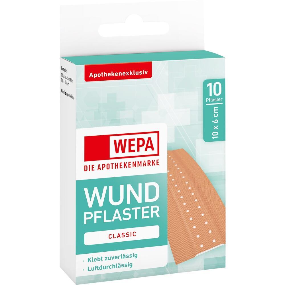 Packung Pflaster von WEPA Apotheke, 10 Stück, 10x6 cm, classic und zuverlässig klebend.