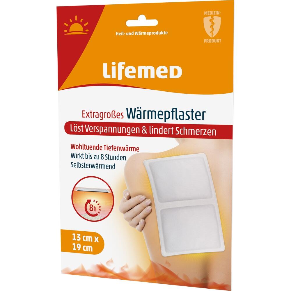 Eine Packung mit extragroßen Wärmepflastern zur Schmerzlinderung und Entspannung.
