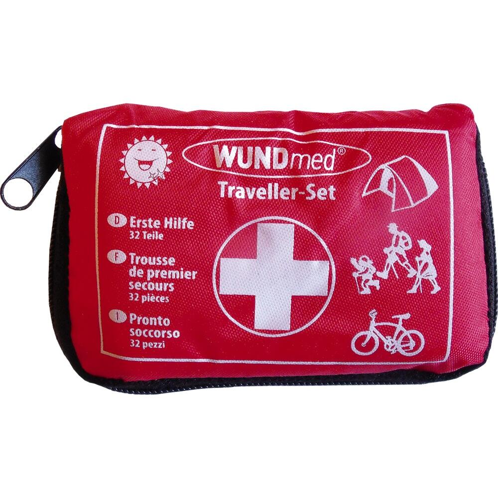 Rotes Erste-Hilfe-Set mit Kreuz und Symbolen für Reisen.