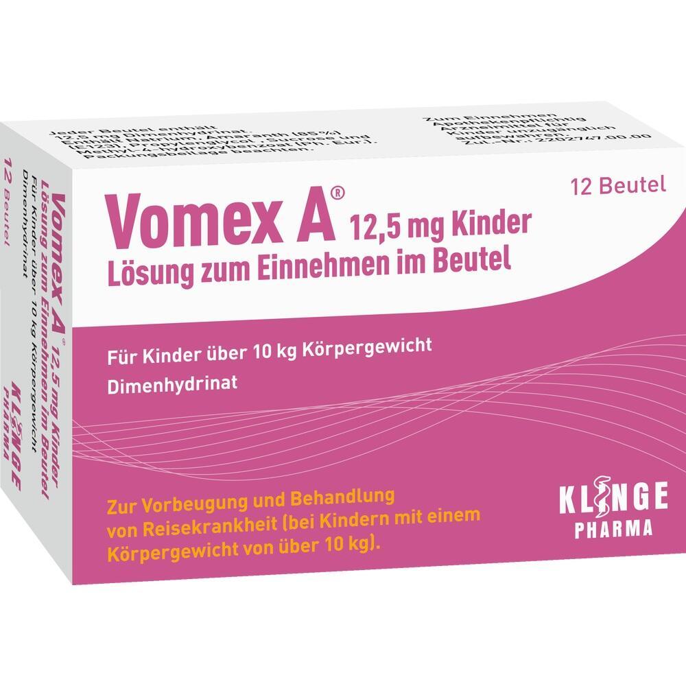Die Verpackung zeigt Vomex A für Kinder gegen Reisekrankheit im rosa Karton.