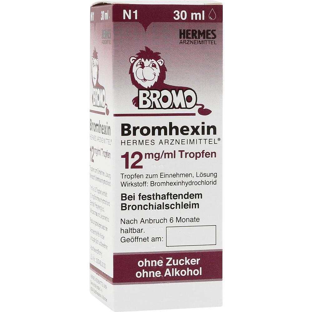 Ein Medikamenten-Karton von Bromhexin-Tropfen gegen zähen Bronchialschleim.