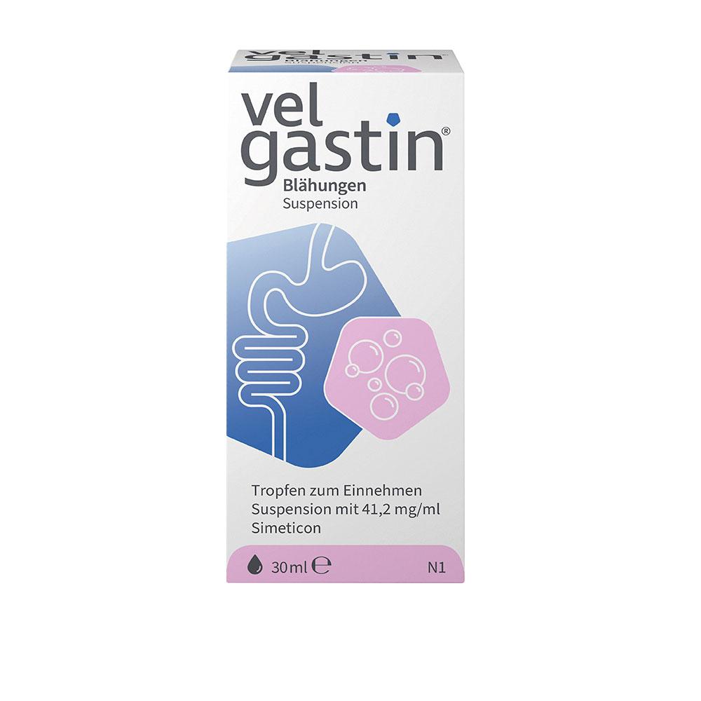 Eine Packung Medizin gegen Blähungen mit der Aufschrift "Velgastin".