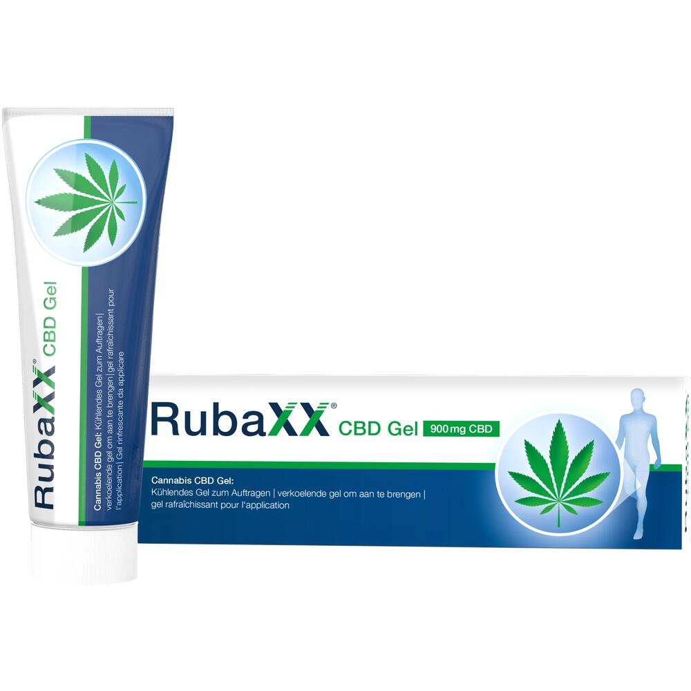 Eine weiße Schachtel mit der Aufschrift "RubaXX Cannabis CBD Gel" und einem Hanfblatt.