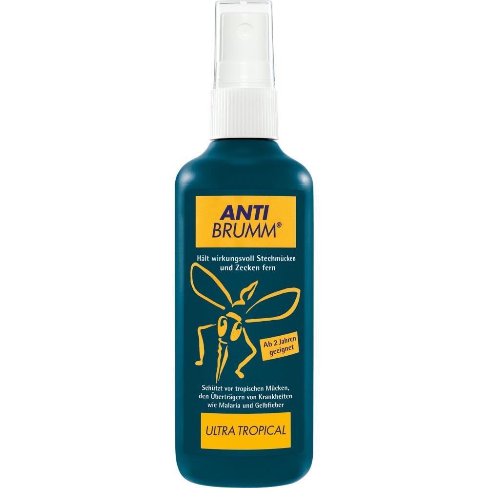 Eine Mückenspray-Flasche mit der Aufschrift "Anti Brumm Ultra Tropical".