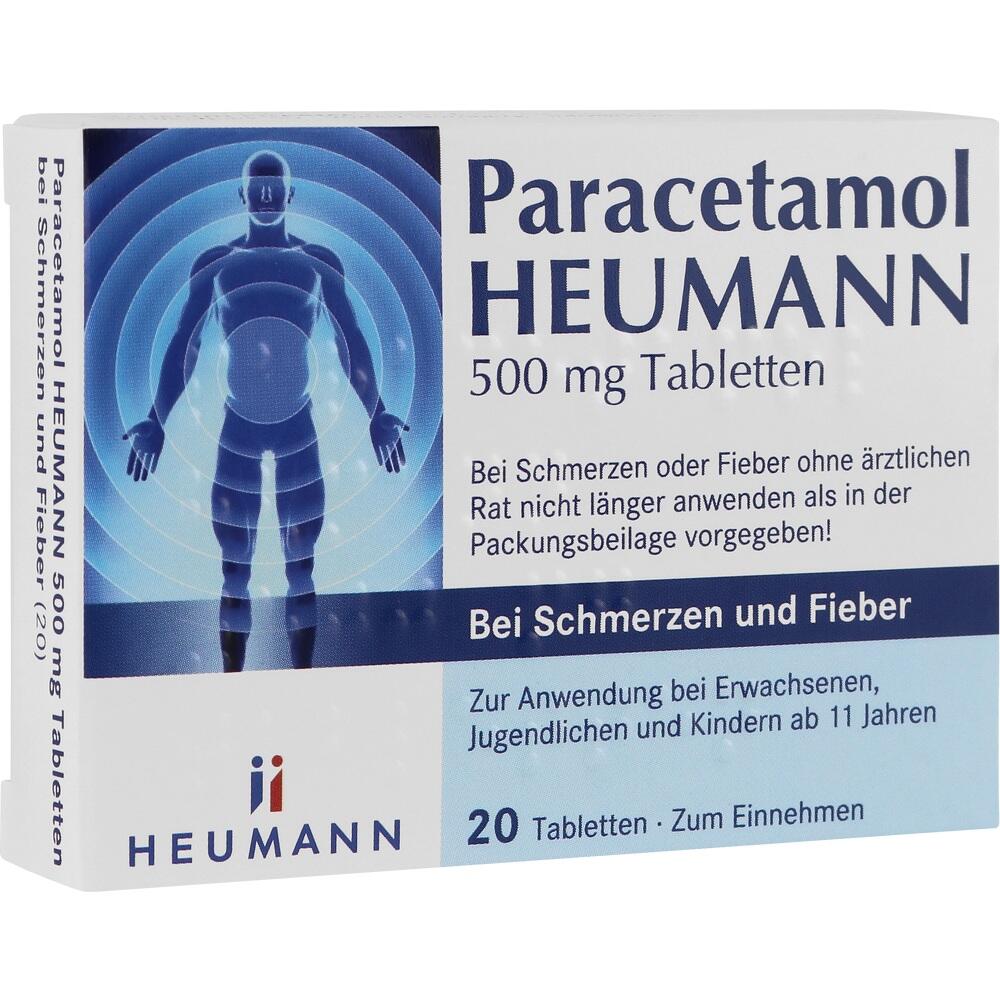 Schachtel mit Paracetamol-Tabletten gegen Schmerzen und Fieber, 500 mg, 20 St&uuml;ck.