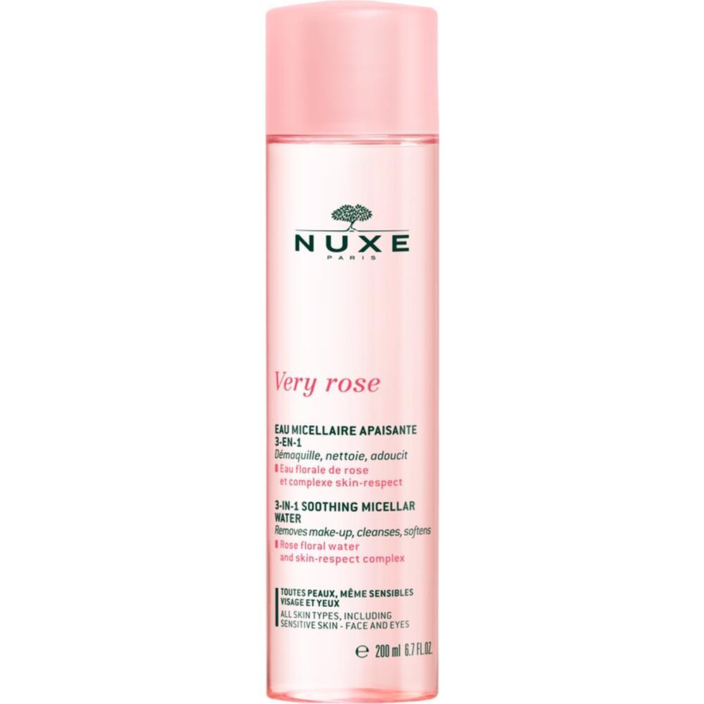 Rosa Flasche mit der Aufschrift "Nuxe Very Rose" steht aufrecht.