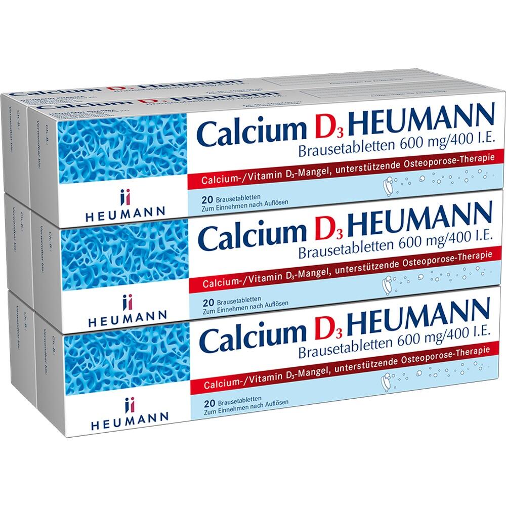 Drei Packungen Brausetabletten von Calcium D3 Heumann für Vitamin-D-Mangel.