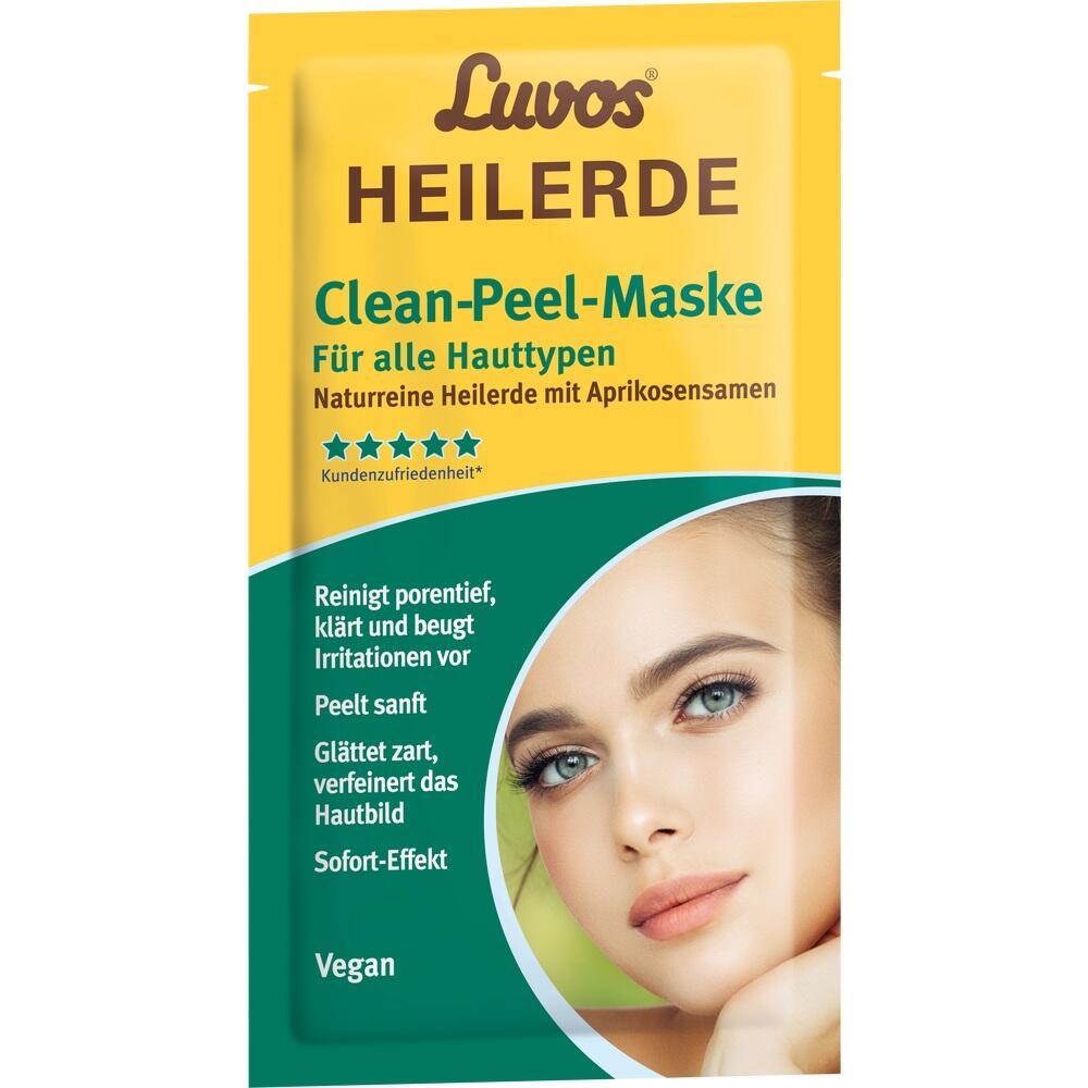 Gelbe Packung einer Gesichtsmaske mit Bild eines Frauenporträts und Schriftzug "Heilerde".