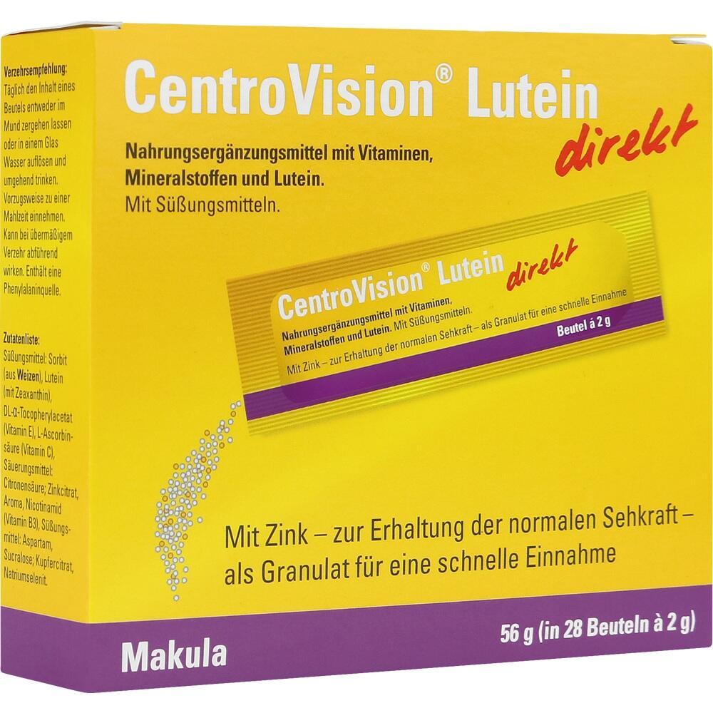 Gelbe Verpackung von CentroVision Lutein, ein Nahrungsergänzungsmittel mit Vitaminen.