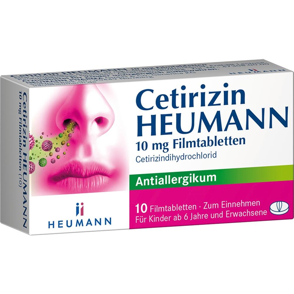Verpackung von Cetirizin HEUMANN, einem Medikament gegen Allergien.