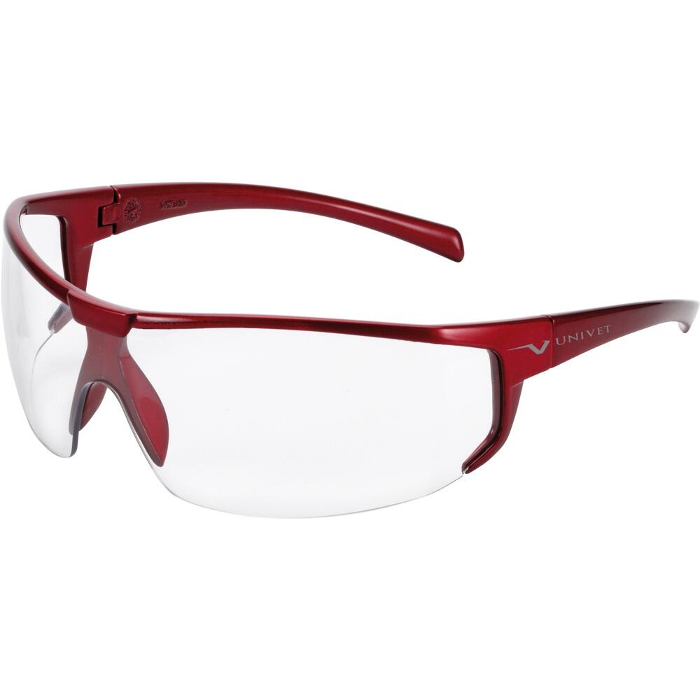Eine Schutzbrille mit rotem Rahmen und klaren Gläsern.