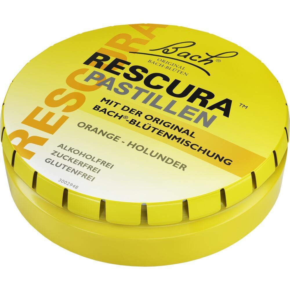 Gelbe Dose mit Rescura Pastillen, Orange-Holunder-Geschmack, alkohol-, zucker- und glutenfrei.