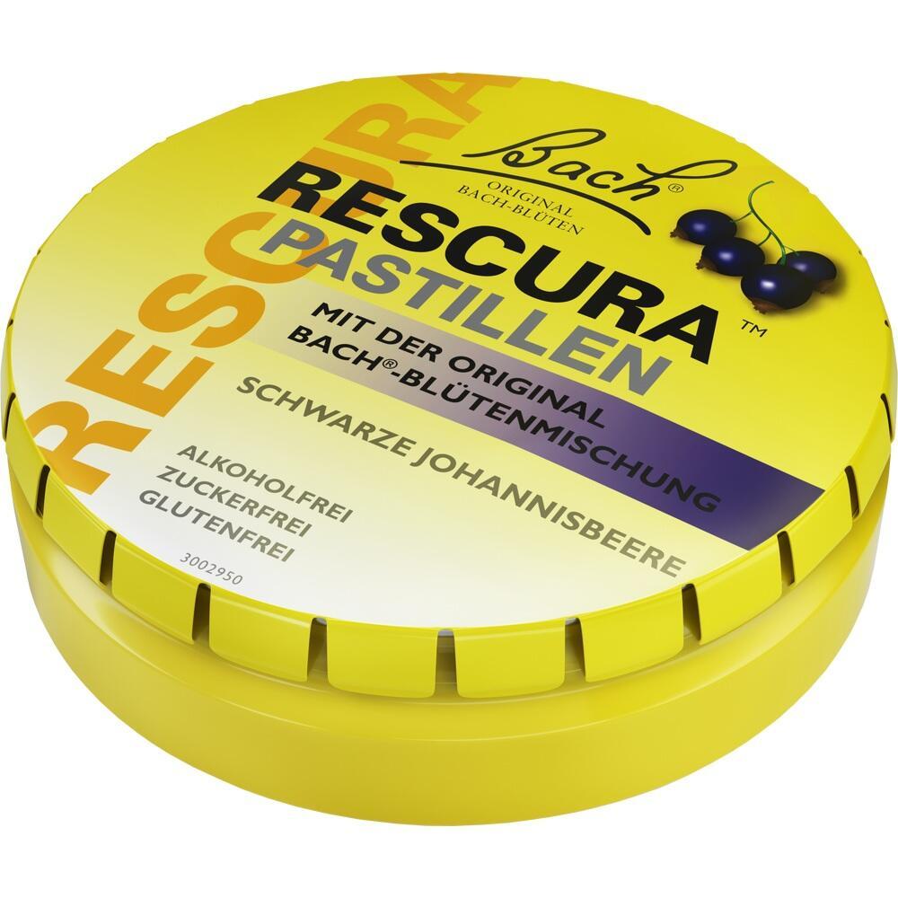 Gelbe Dose mit "RESCURA Pastillen Schwarze Johannisbeere" ohne Alkohol, Zucker und Gluten.