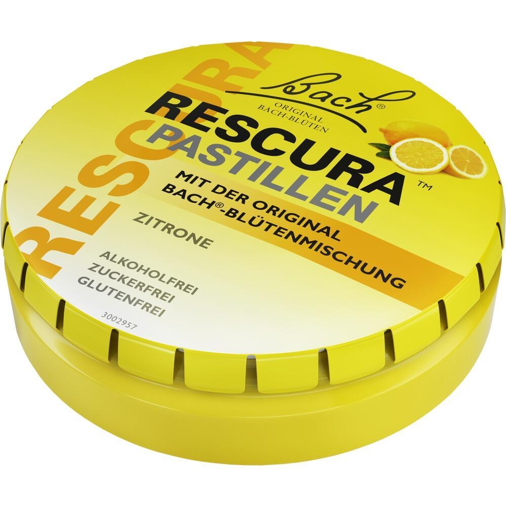 Gelbe Dose mit Rescue-Pastillen Zitronengeschmack, glutenfrei und zuckerfrei.