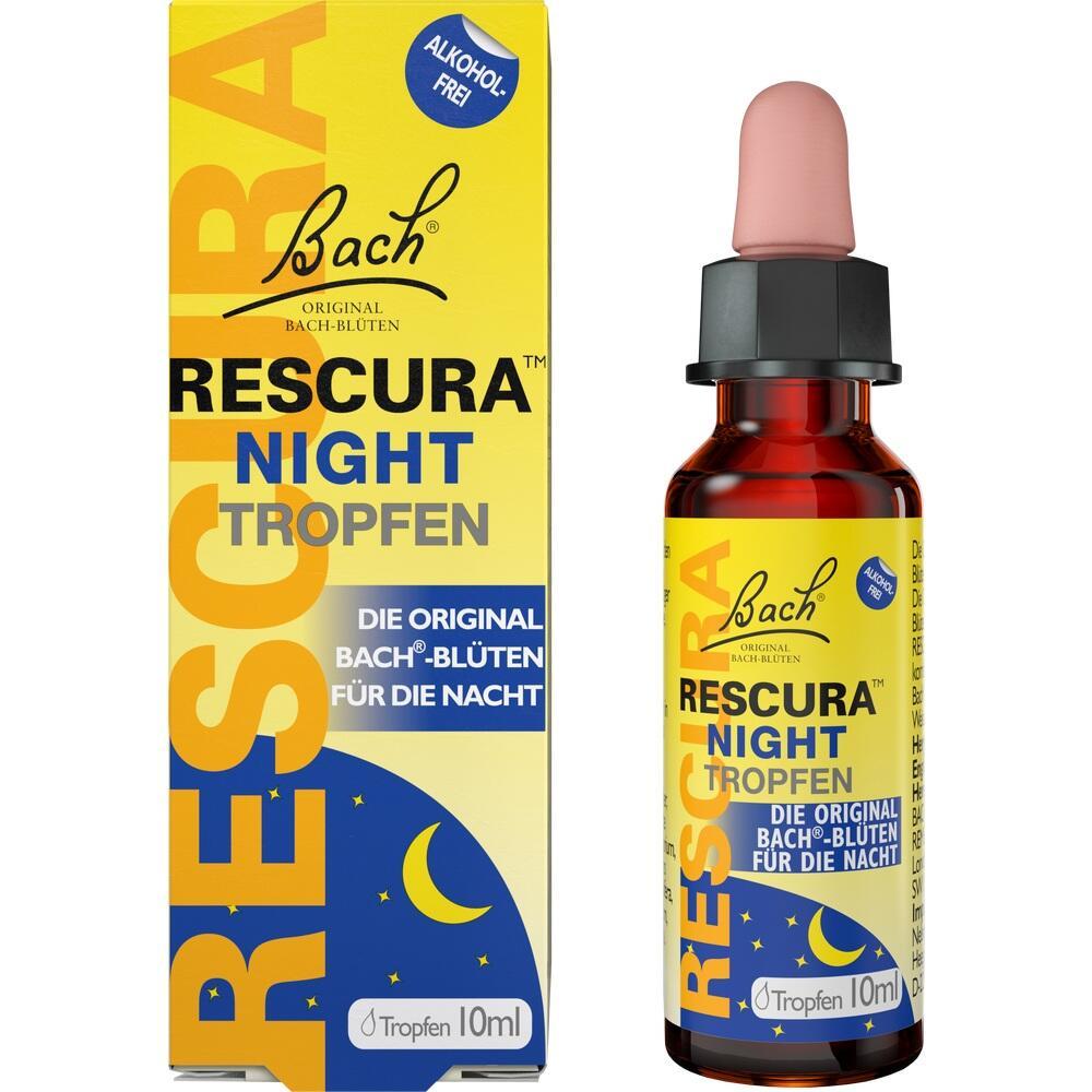 Gelbe Verpackung und Flasche mit Pipette, beschriftet mit "Rescura Night Tropfen".