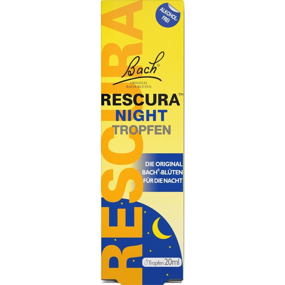 Gelbe Packung mit Bach Rescura Night Tropfen für die Nacht, alkoholfrei, 20 ml.