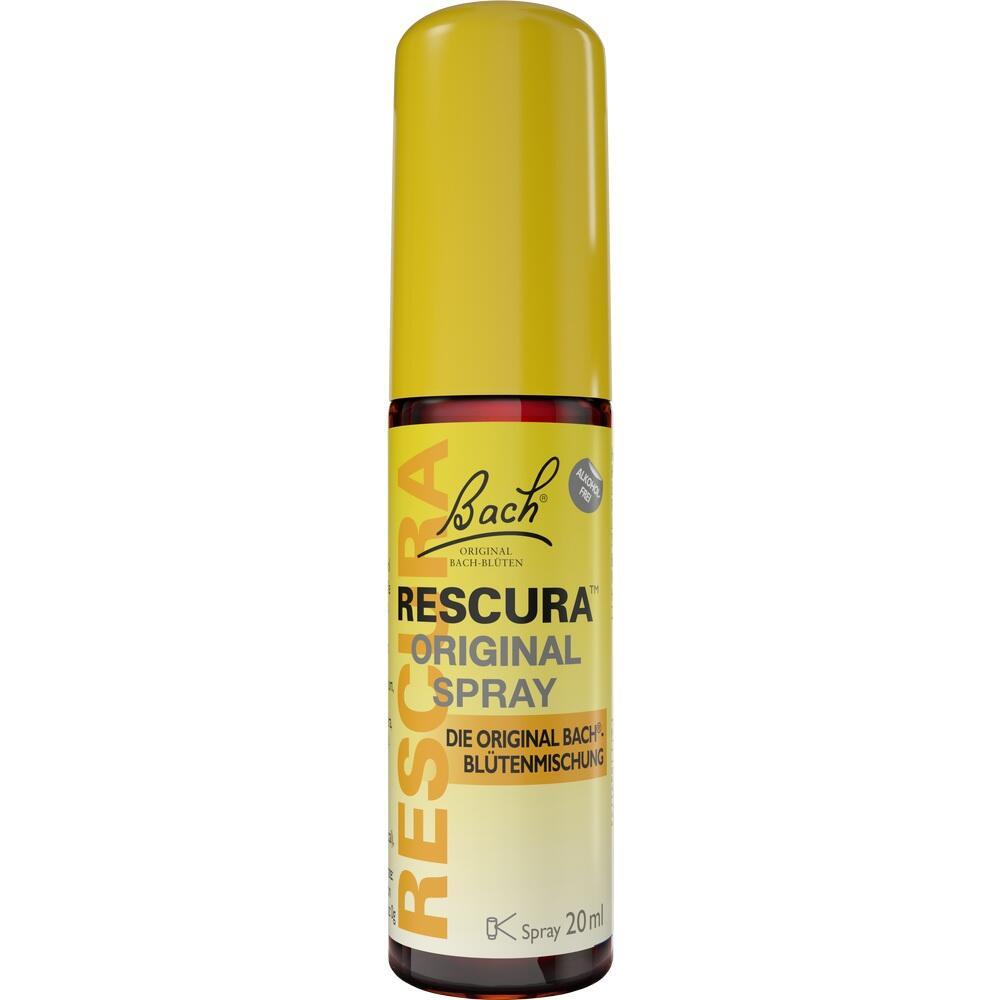 Gelbes Sprayfläschchen mit der Beschriftung "Bach Rescura Original Spray".