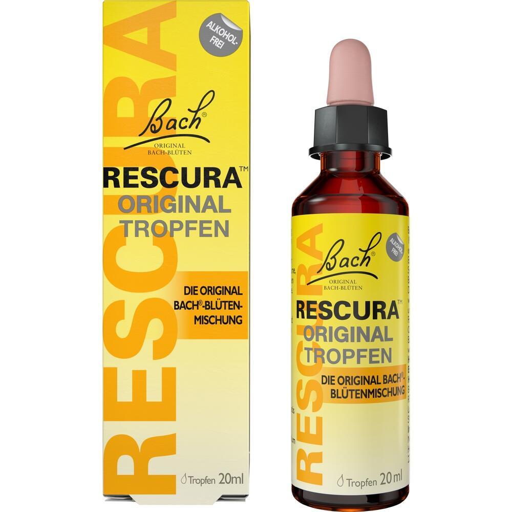 Gelbes Paket und Fläschchen mit Pipette der alkoholfreien Rescura Original Tropfen.