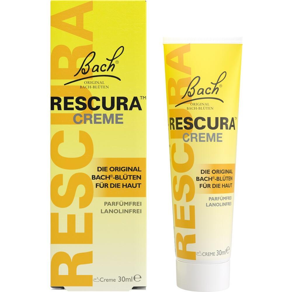 Gelbe Verpackung und Tube von "Rescura Creme" mit Bach-Blüten, 30 ml, parfüm- und lanolinfrei.