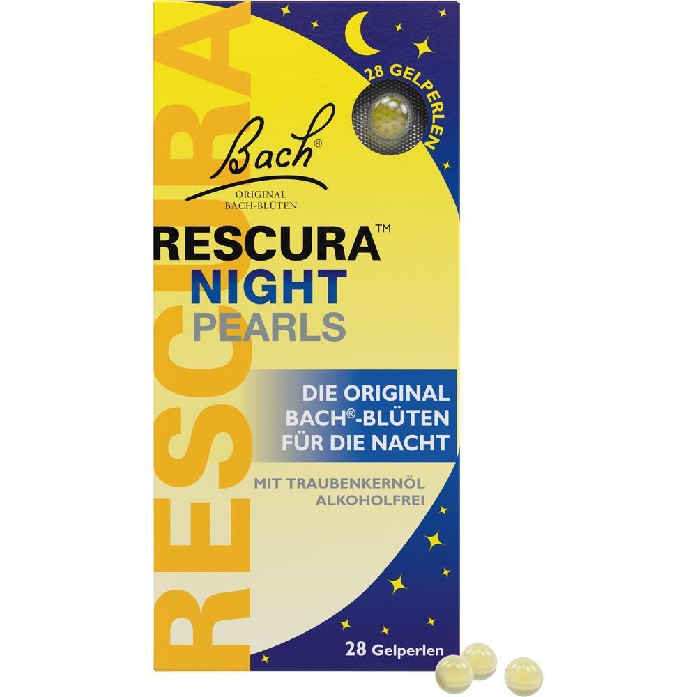 Gelbe Verpackung mit blauem Abschnitt, darauf steht "Rescura Night Pearls".