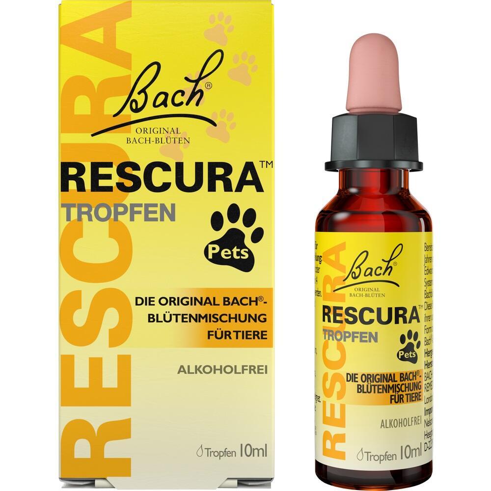 Gelbes Paket und Flasche mit Bach-Blüten-Tropfen für Haustiere, alkoholfrei.
