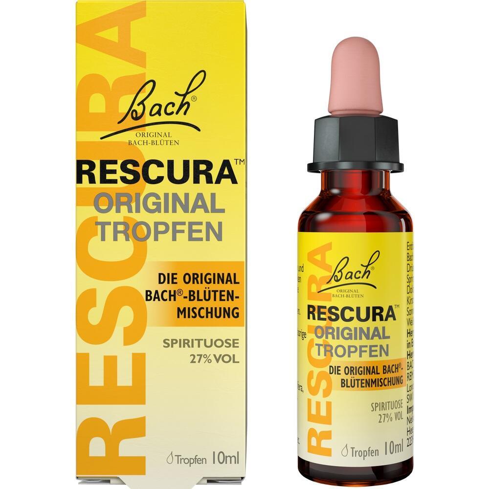 Gelbes Paket und braunes Fläschchen mit Bach-Rescura Original Tropfen.