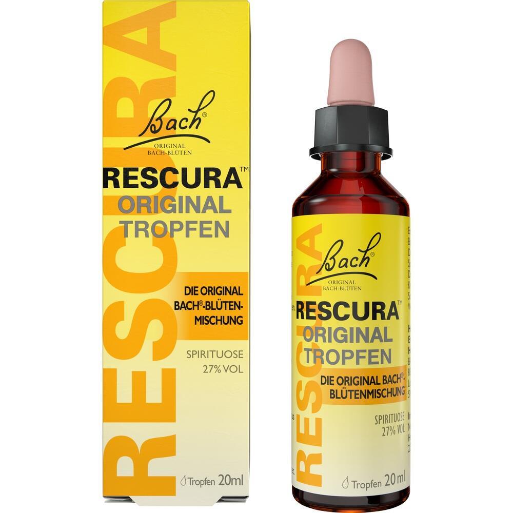 Gelbe Verpackung und Flasche mit Bach-Blüten-Tropfen und Pipette.