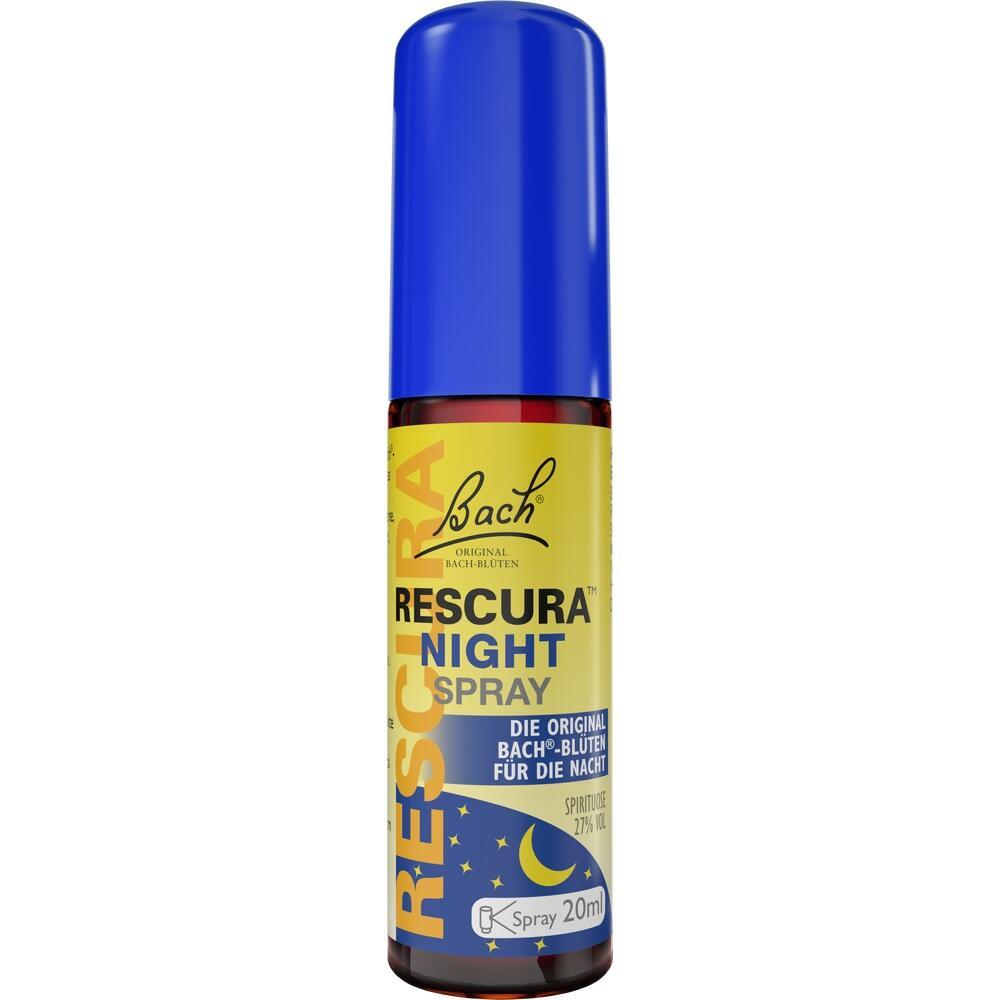 Sprayflasche mit blauem Deckel und gelbem Etikett, das "Rescura Night Spray" beschreibt.