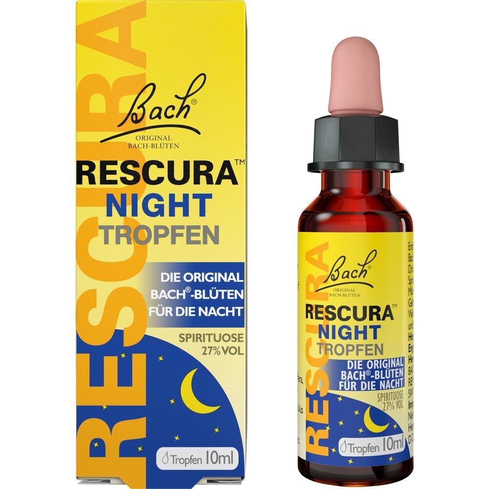 Gelbes Paket und Fläschchen mit blauen und gelben Etiketten für Bach-Blüten-Nachtropfen.